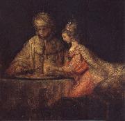 REMBRANDT Harmenszoon van Rijn Haman,Esther and Ahasuerus oil painting